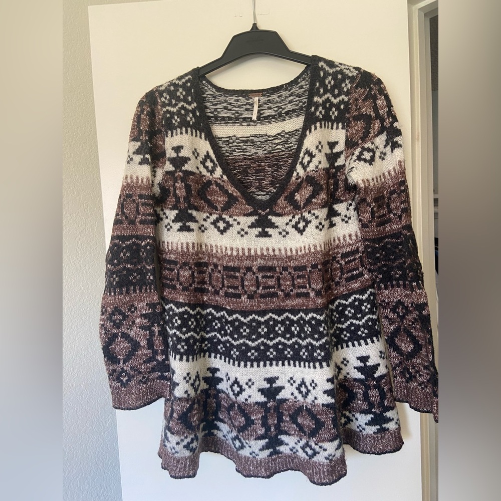 Free People Cozy Brown and Black Knit Tunic Sweater